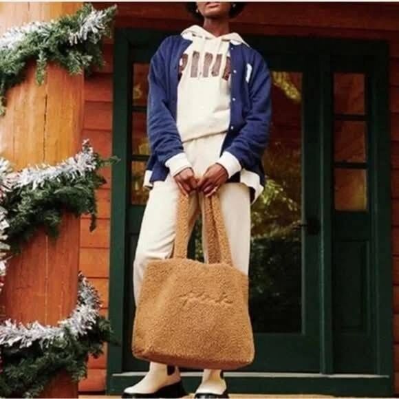 PINK Victoria's Secret Women's Mocha Brown Sherpa Cozy Plush Weekender Tote Bag - Picture 2 of 7